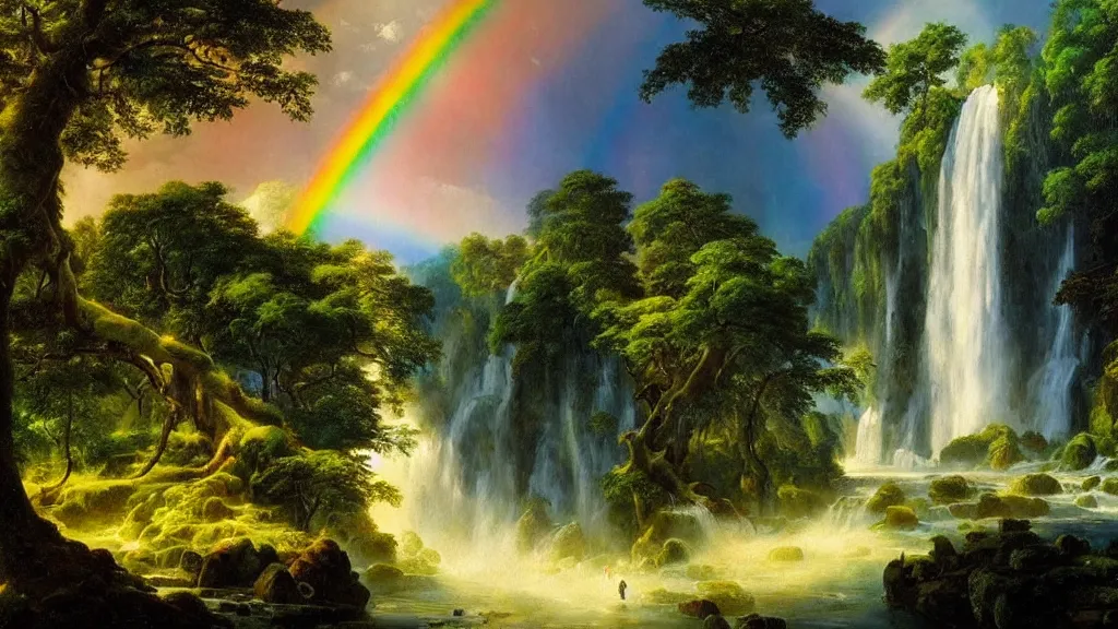 Prompt: the most beautiful panoramic landscape, oil painting, a waterfall creates a rainbow, huge and ancient trees, cinematic lighting, highly detailed, very realistic