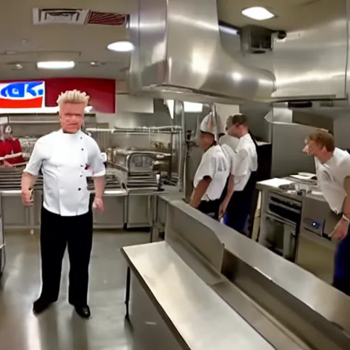 Prompt: gordon ramsay yelling at burger king employees in the burger king kitchen on kitchen nightmares. the employees are lined up and in their burger king uniforms. 4 k broadcast