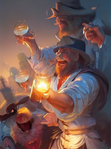 Prompt: a group of friends, cheers! party hooray! intricate, elegant, highly detailed, digital painting, artstation, concept art, sharp focus, illustration, by justin gerard and artgerm, 8 k