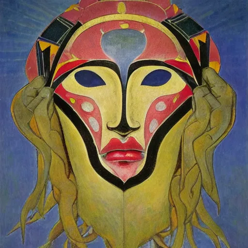 Prompt: masterpiece painting of a facemask made of stylized flowers, by annie swynnerton and jean delville and john watkiss and rufino tamayo and diego rivera, flower mask, art deco shaman, symbolist, dramatic lighting, god rays, elaborate geometric ornament, modern realism, clean crisp graphics, soft cool colors, smooth, sharp focus, extremely detailed