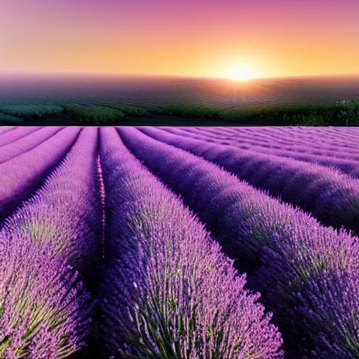 Image similar to realistic lavender fields at sunrise, ultrawide angle cinematic view, ultra realistic, detailed, cinematic, photorealism, unreal engine, octane render