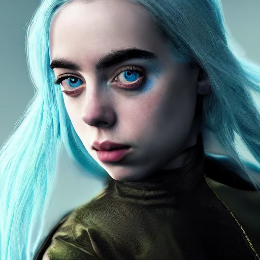 Prompt: Billie Eilish as the empress of tomorrow, ultra realistic, Artstation, 8K resolution, 3D HDR, epic design