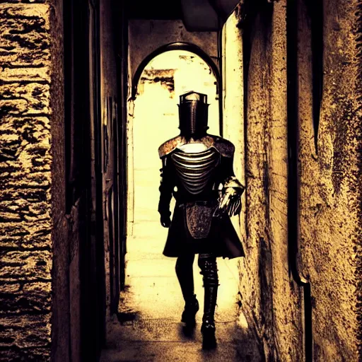 Prompt: a steampunk knight walking down an alley