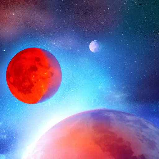 Image similar to The red moon and the blue moon collide, 4k, cg, photorealistic