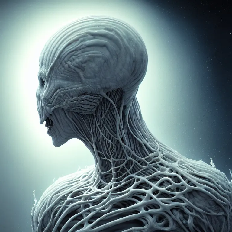 Image similar to portrait of white alien man with ribbed body, covered with twisted ribbed crooked antlers in wastelands on white exoplanet, baroque portrait painting, beautiful intricate insanely detailed octane render, artstation, 8 k artistic photography, photorealistic, volumetric perfect light, chiaroscuro, raphael, caravaggio, beksinski, rutkowski, giger