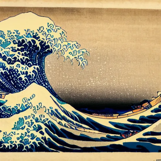 Image similar to Palace by the sea with crashing waves, style of Hokusai