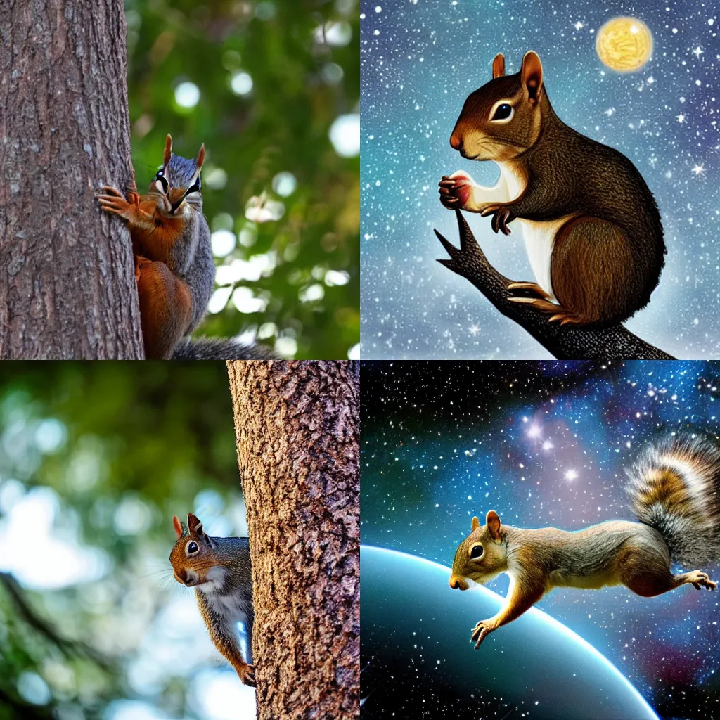Prompt: A squirrel on a tree in outer space