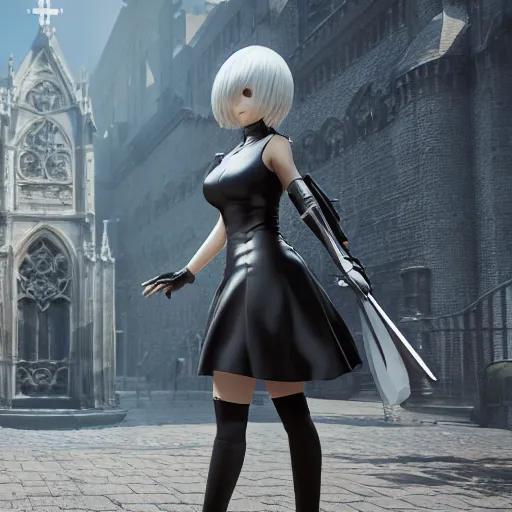 Prompt: 2B nier automata standing in front of a church, detailed, artstation, concept art, Unreal Engine 5 render, 8K