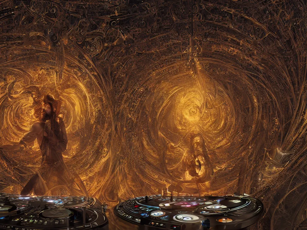 Image similar to an incredible masterpiece of a mystical dj playing a vast array of highly evolved and complex musical technology surrounded by an incredible and complex spiral fractal structure in a intricate cathedral, by karol bak, octane render, 8 k