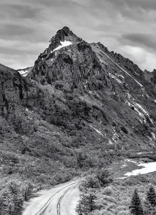 Image similar to old lost footage in black and white of a beautiful mountain,hyper realistic 8K HD real life photo