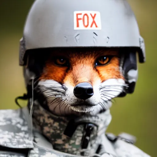 Prompt: Closeup of Fox dressed in a modern American soldier uniform with a helmet, 85mm f/1.4