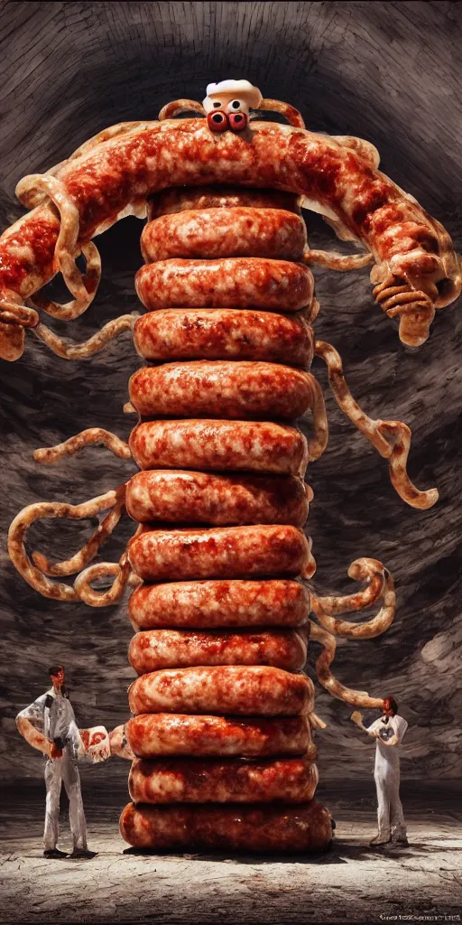 Image similar to a monster made of sausages posing for you against a solid white backdrop, [ scary, intimidating, threatening, horror, epic, cinematic, dramatic, 4 k, octane render, art by ed emshwiller ]