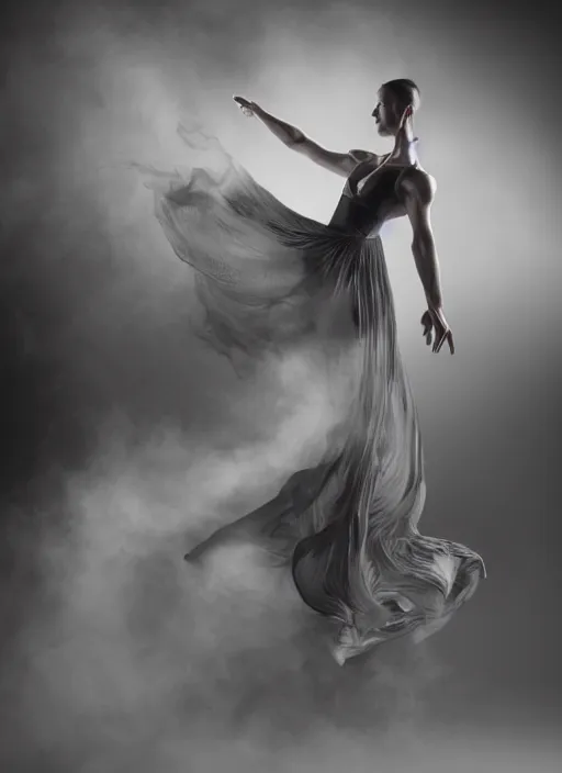 Image similar to a Photorealistic dramatic hyperrealistic render of a beautiful Female smoke dancer by Ken Brower and Deborah Ory of NYC Dance project,Lois Greenfield,Flowing cloth and smoke,Beautiful dynamic dramatic dark moody lighting,volumetric,shadows,cinematic atmosphere,Octane render,8K