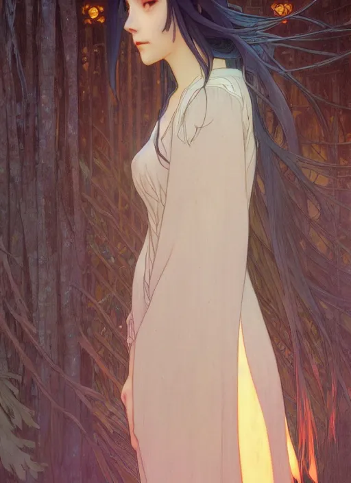 Image similar to pretty young woman with long black hair walking in the darkness, path traced, highly detailed, high quality, digital painting, by studio ghibli and alphonse mucha, leesha hannigan, makoto shinkai, disney