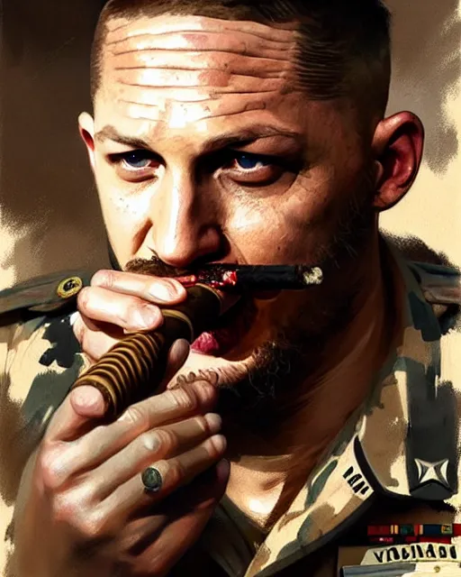 Prompt: tom hardy as a veteran soldier in vietnam, wounded, smoking a cigar | | realistic shaded, fine details, fine - face, realistic shaded lighting painting by greg rutkowski, diego gisbert llorens, magali villeneuve, artgerm, jeremy lipkin, michael garmash, rob rey