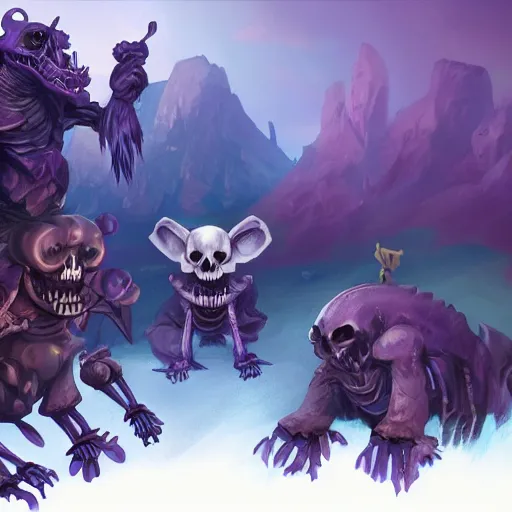 Image similar to cute skeleton animal creatures. hearthstone animal creatures, graveyard background, bright art masterpiece artstation. 8k, sharp high quality artwork in style of Jose Daniel Cabrera Pena and Greg Rutkowski, violet theme, concept art by Tooth Wu, hearthstone card game artwork