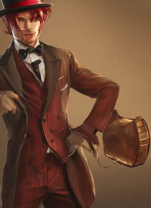 Image similar to a highly detailed illustration of stylish top hat wearing red haired attractive man, wearing suit vest, leaning back pose, intricate, elegant, highly detailed, centered, digital painting, artstation, concept art, smooth, sharp focus, league of legends concept art, WLOP