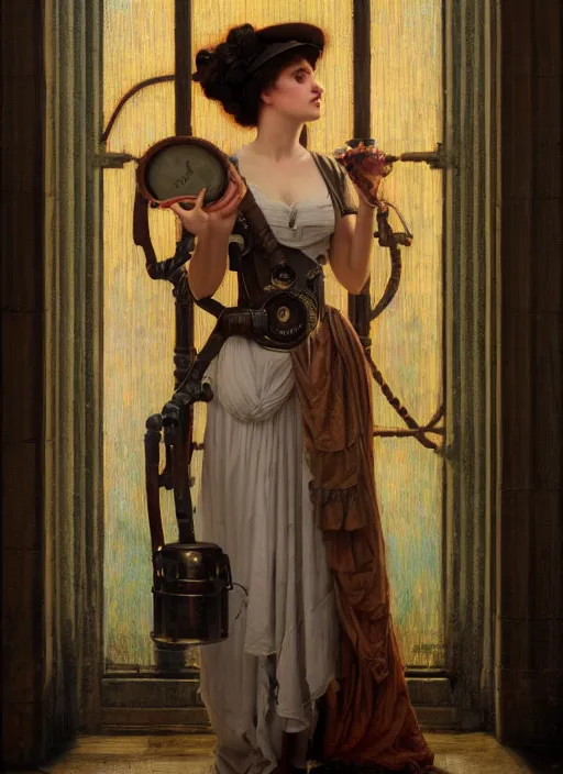 Image similar to intricate oil painting portrait by John William Godward and Anna Dittman depicting a female steampunk explorer in bright outdoor hallway, evening, atmospheric lighting, intricate detail, cgsociety, hyperrealistic, octane render, RPG portrait, ambient light, dynamic lighting