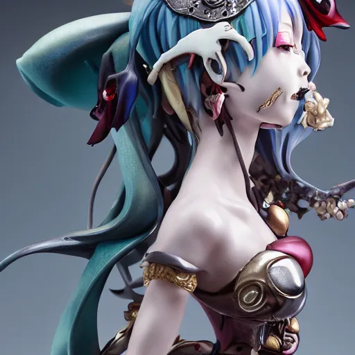 Image similar to by Yoshitaka Amano, by James Jean, by Good Smile Company, detailed resin anime sculpture of a 26yo female jester necromancer wearing a skull hat, close up dslr studio photograph, headshot, portrait, artstation, sci fi futuristic costume, rim lighting