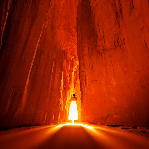 Image similar to photo of a giant orange colored glowing transparent humanoid of one thousand feet standing next to a building inside a cave
