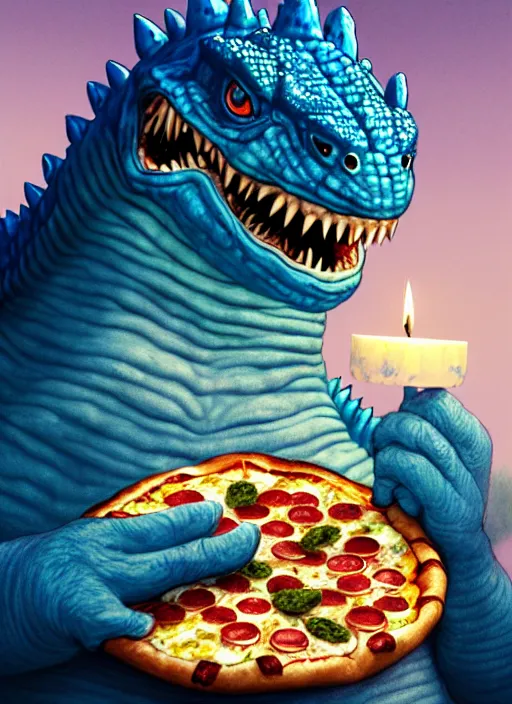 Image similar to portrait of a smiling small fat blue godzilla with a pizza, wearing a propeller beanie, intricate, elegant, candle light, highly detailed, digital painting, artstation, concept art, smooth, sharp focus, illustration, art by wlop, mars ravelo and greg rutkowski