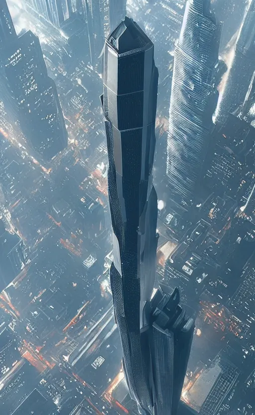 Image similar to a intricate detailed spaceship designed by peter schreyer flying over NYC in style of blade runner 2049