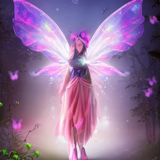 Image similar to evil fairy princess with galaxy wings residing in a deep dark forest grove, beautiful colorful pretty artistic 4 k artstation trending dynamic dramatic lighting realistic floral garden blooming flowers high contrast light and dark magnificent