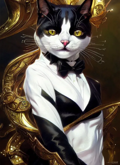 Image similar to cat with tuxedo markings, fantasy, intricate, elegant, hyper detailed, ultra definition, photoreal, artstation, unreal engine rendered, concept art, smooth, sharp focus, illustration, art by artgerm and greg rutkowski and alphonse mucha and garis edelweiss