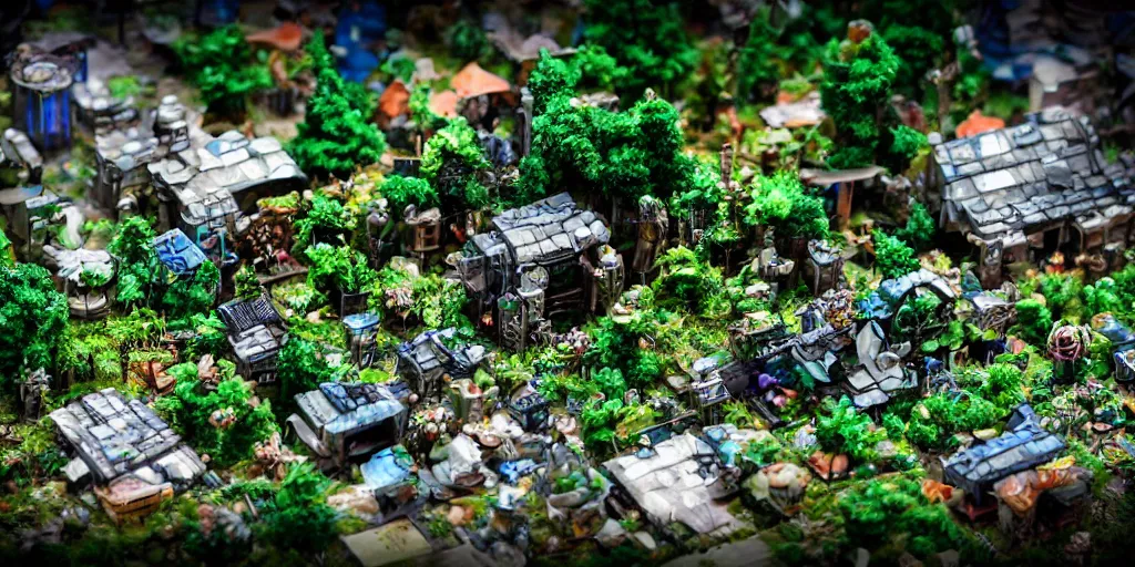 Image similar to PC motherboard village, fantasy, trees, green plants, broken parts, houses on motherboard, mold, tiny villagers, PC hardware, high quality, highly detailed