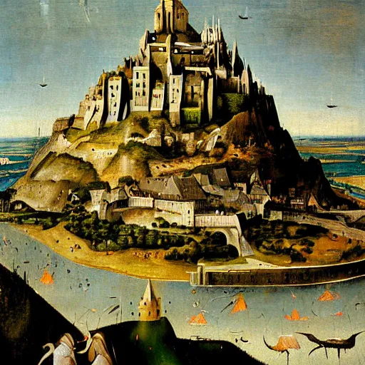 Prompt: Stunning and highly detailed painting of Mount Saint-Michel by Hieronymus Bosch