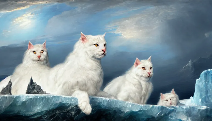 Prompt: highly detailed painting of white giant griffon cat seals on a blue and white iceberg by william turner, by greg rutkowski, by william constable, thick brush strokes and visible paint layers, 4 k resolution