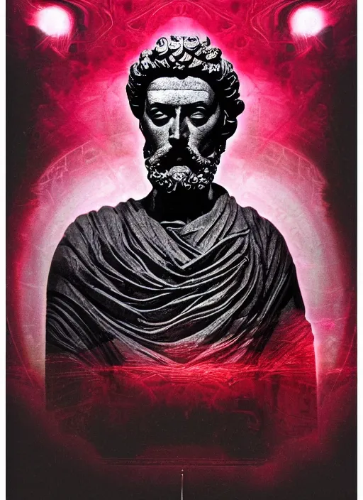 Image similar to design poster showing a statue of marcus aurelius, black background with very subtle red and purple design elements, powerful, nekro, graphic design, collage art, thin lines, dark, glitch art, neo vaporwave, gritty, layout frame, square, trending on artstation