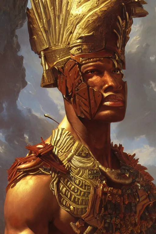 Image similar to a powerful and muscular make african warrior , half body portrait, ornate armour, realistic oil painting by Thomas Cole and Wayne Barlowe