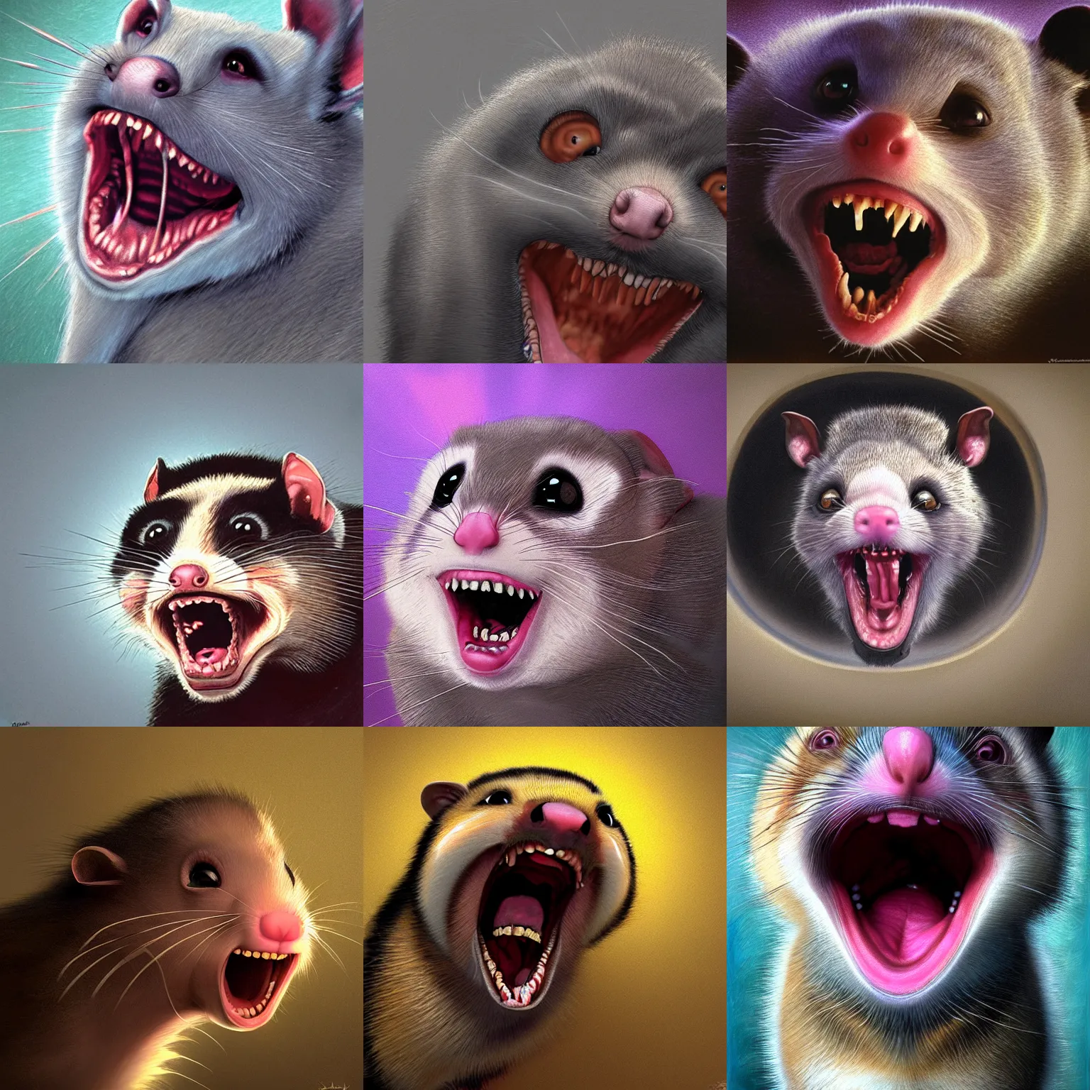 Prompt: possum screaming at the void of space, artstation trending by james gurney. hdr, 8 k, hd, photorealism