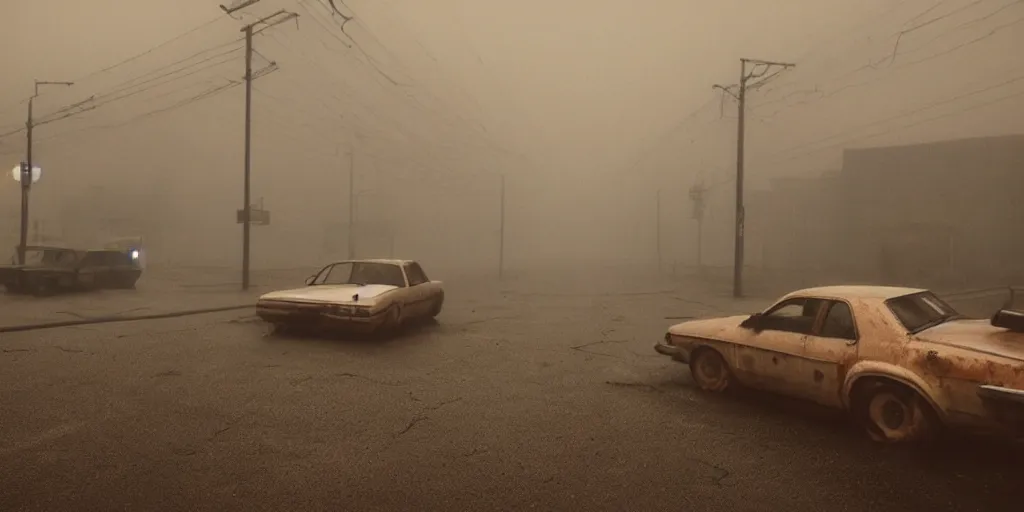 Prompt: silent hill in real life, desolate town, empty streets, nightmarish, some rusted retro futuristic parked cars, overcast, blankets of fog pockets, rain, volumetric lighting, beautiful, night time, autumn, sharp focus, ultra detailed, cgsociety