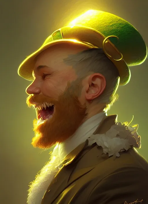 Image similar to portrait of leprechaun, intricate, elegant, highly detailed, digital painting, artstation, concept art, smooth, sharp focus, illustration, art by artgerm and greg rutkowski and alphonse mucha, 8 k