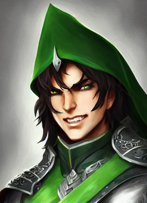 Image similar to a smile male warrior with dark medium hair, sword in hand, green cloak, friendly, confident, reliable. character, closeup headshot, in the style of artgerm, artstation, wlop, alexis franklin, cgsociety, 8 k resolution, detailed