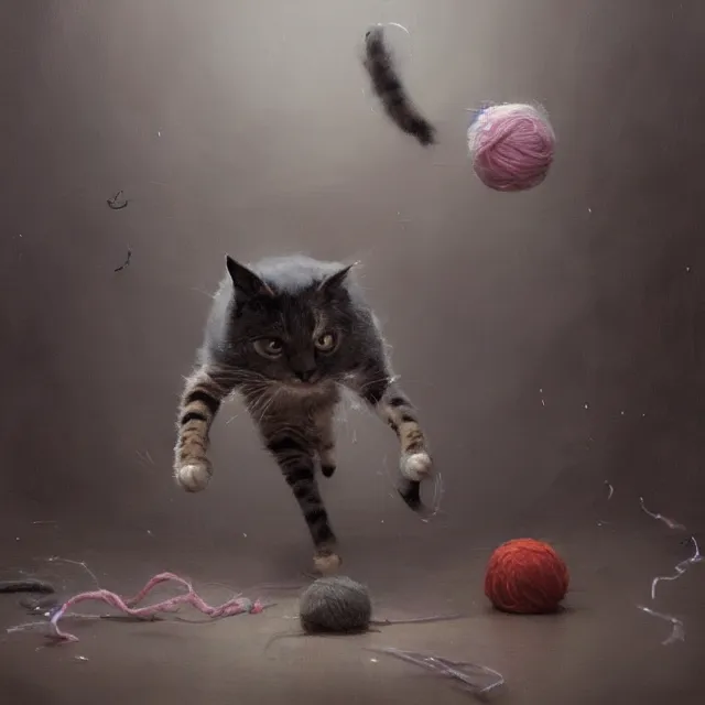 Prompt: a painting of a cat chasing a ball of yarn by greg rutkowski, dark fantasy art, high detail, trending on artstation