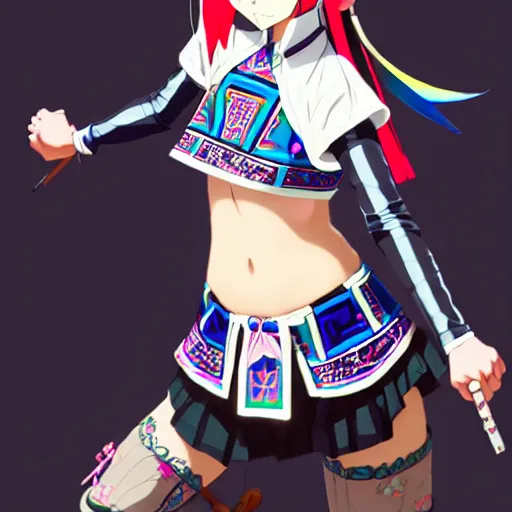 Image similar to a beautiful boyish zelda alluring gravure model, wearing japanese mayan street fashion school girl outfit with mayan pattern and native style, aztec street fashion, jrpg armor, perfect anime face, gapmoe yandere grimdark, trending on pixiv fanbox, painted by greg rutkowski makoto shinkai takashi takeuchi studio ghibli, akihiko yoshida