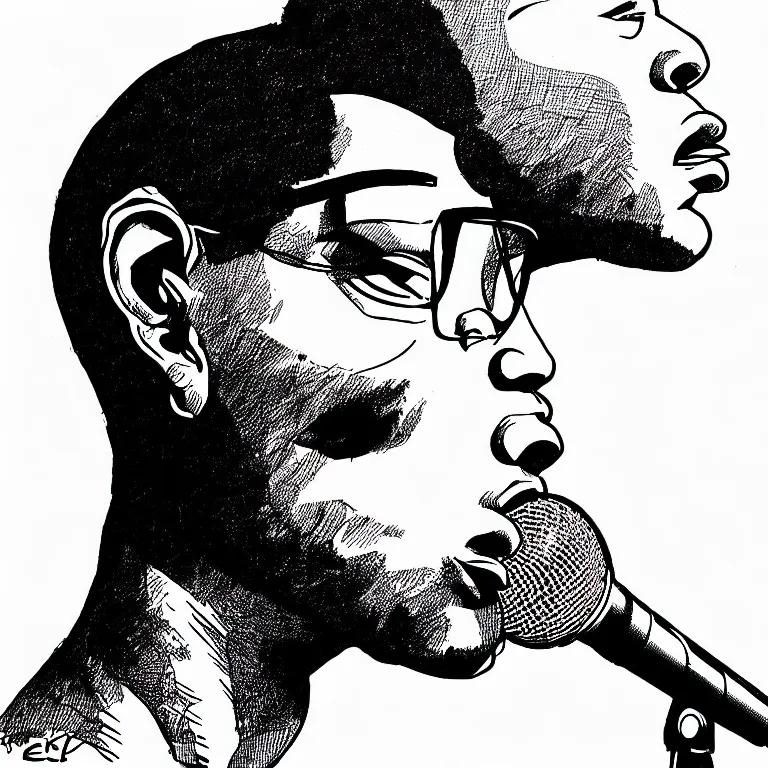 Image similar to rapping into microphone, epic angle, profile view, illustrated by Victor Moscoso