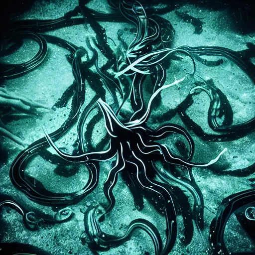 Image similar to “a swarm of black tentacles underwater, underwater nature photography, anime style, deep water, abyss, horror”