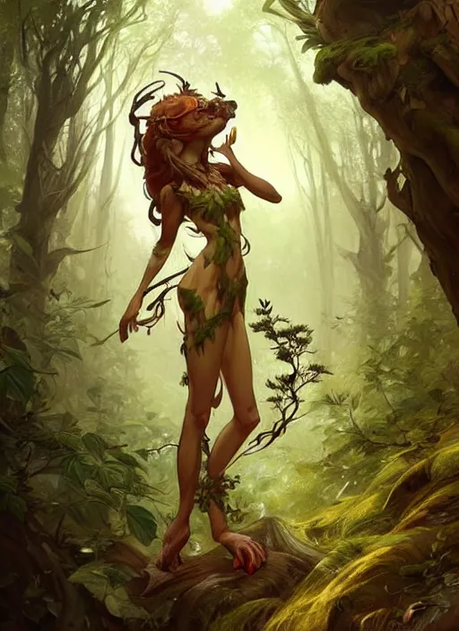 Image similar to a cute forest elemental, with fingers, fantasy, intricate, elegant, highly detailed, digital painting, artstation, concept art, wallpaper, smooth, sharp focus, illustration, art by artgerm and greg rutkowski and alphonse mucha