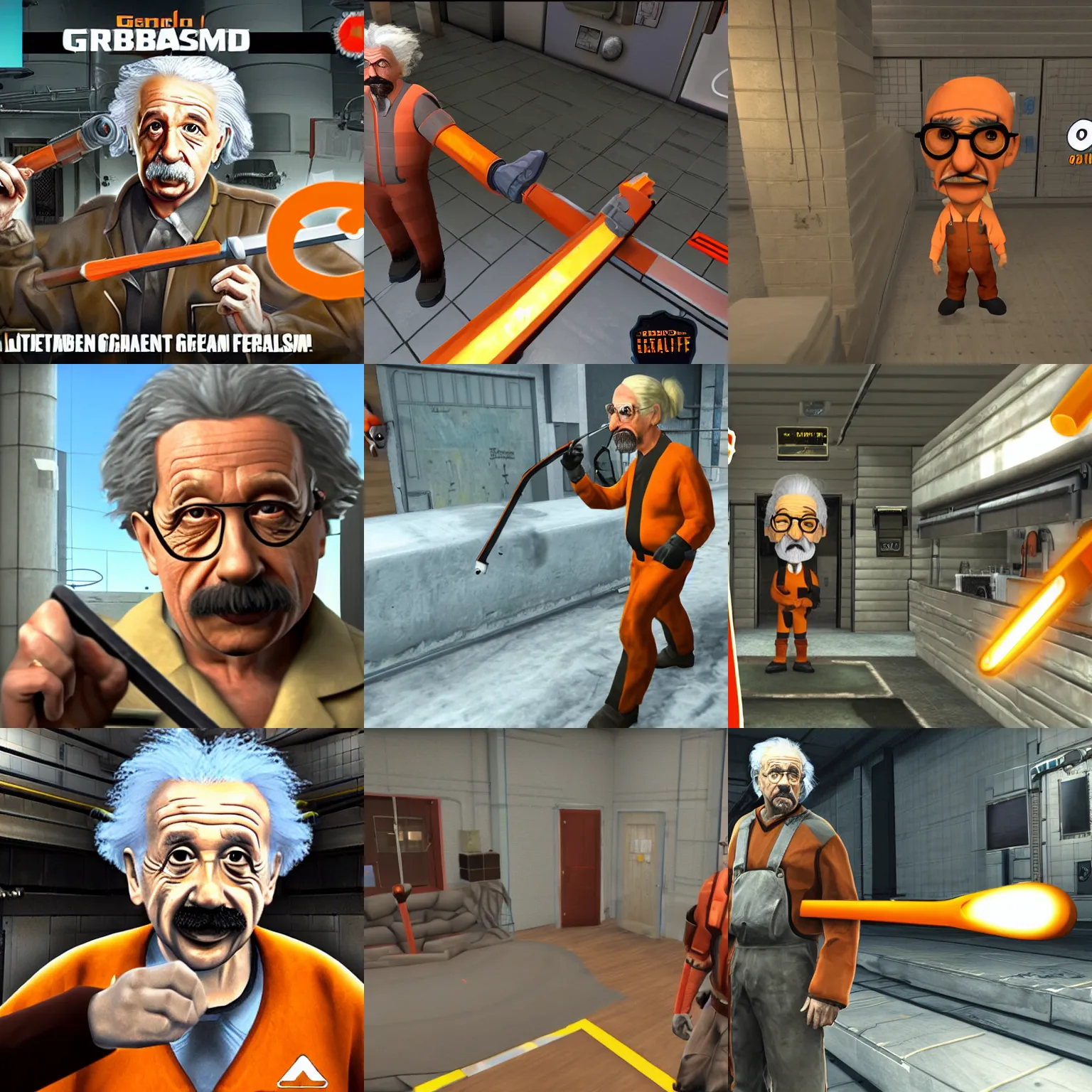 Prompt: game screenshot albert einstein as gordon freeman in half life 2, holding a crowbar