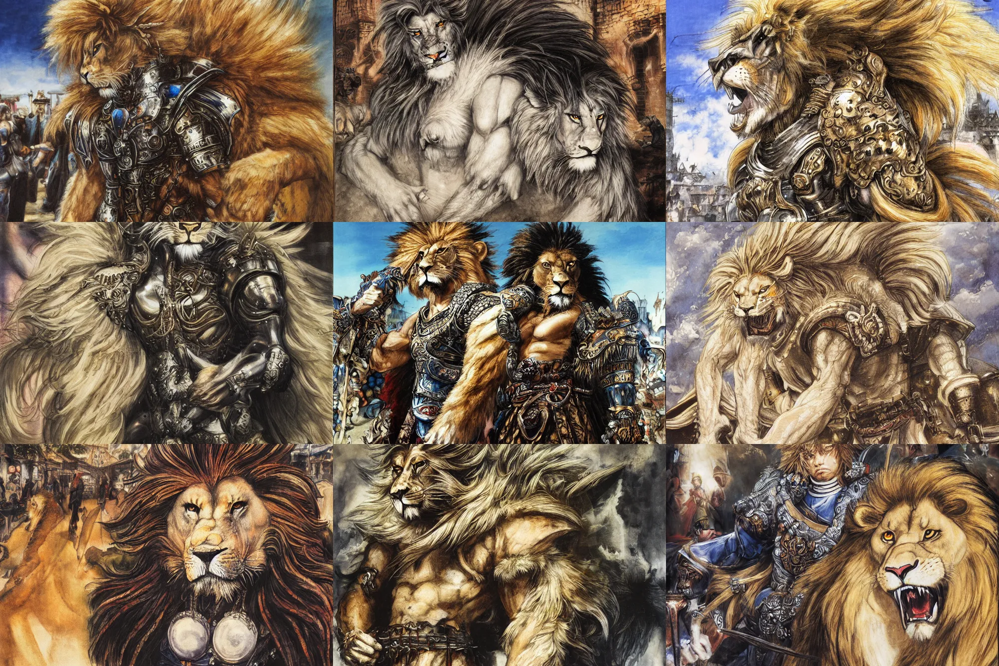 Prompt: 8k Yoshitaka Amano painting of upper body of a young cool looking lion beast-man at a medieval market at windy day. Lion with white mane, Depth of field. He is wearing complex fantasy armors. He has huge paws. Renaissance style lighting.