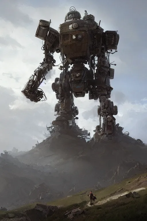 Prompt: giant dieselpunk robot stands on a hill above a small town, highly detailed, digital painting, artstation, concept art, smooth, clear focus, illustrations, works by Jakub Rozalski,