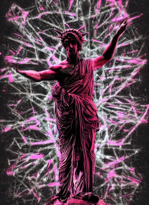 Prompt: dark design poster showing a statue of dionysus, mostly monochromatic, black background with very subtle red and purple design elements, powerful, nekro, vito acconci, thin straight lines, dark, glitch art, neo vaporwave, gritty, layout frame, square, trending on artstation