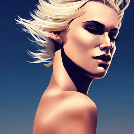 Image similar to a stunning upper body portrait of a beautiful woman with bleach blonde hair waving in the wind by marvel comics, digital art, trending on artstation