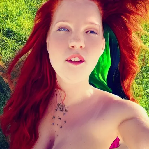 Image similar to beautiful green eyed goddess with red hair and fair skin wearing a thin green strapless sundress blowing in the wind on a sunny day