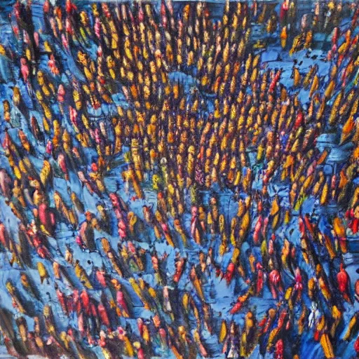 Image similar to a birdseye painting by Sally West of people on a beach from above, featured on tumblr, action painting, oil on canvas, painterly