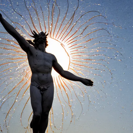 Image similar to icarus and sun, hyperrealistic image, reastically, bokeh, rome statue, hdr, details